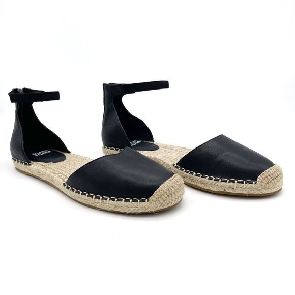 Eileen Fisher Lala Leather Espadrille Flats Black Size 8 Ankle Strap Sandals - Picture 1 of 15